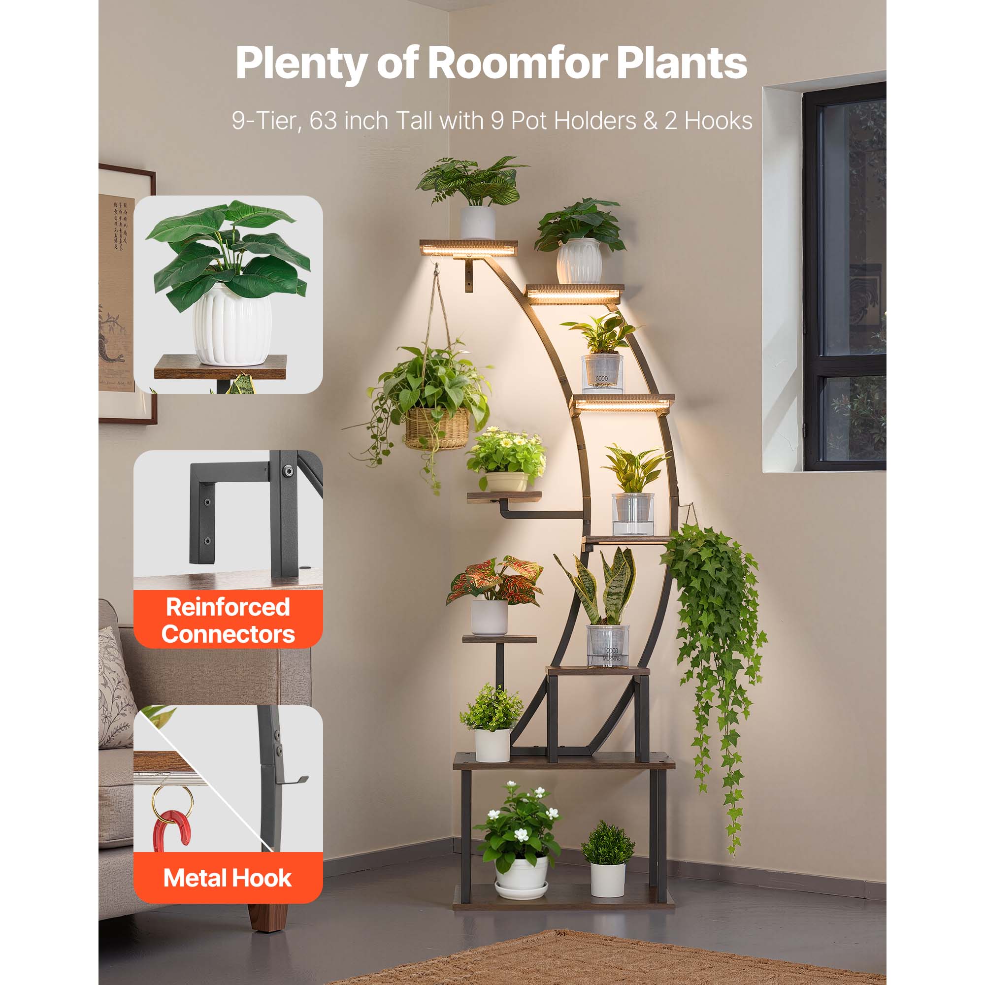 Plant Stand Indoor With Grow Lights, 63 In Tall 9-Tier Lighted Plant Shelf, Metal Corner Plants Holder, 3 Timer & 10 Brightness, Curve-Shaped Flower Display Rack For Living Room Balcony Decor_maomaolike.com